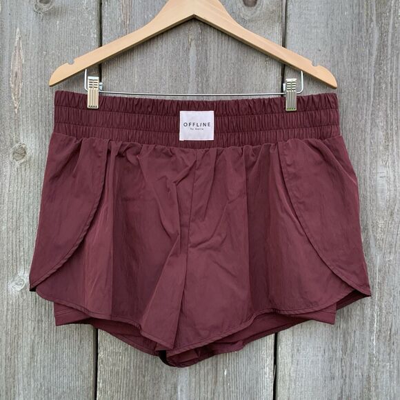 OFFLINE BY AERIE Shorts Women's XL Maroon Real Me Smocked Running Gym Flowy - Picture 1 of 9